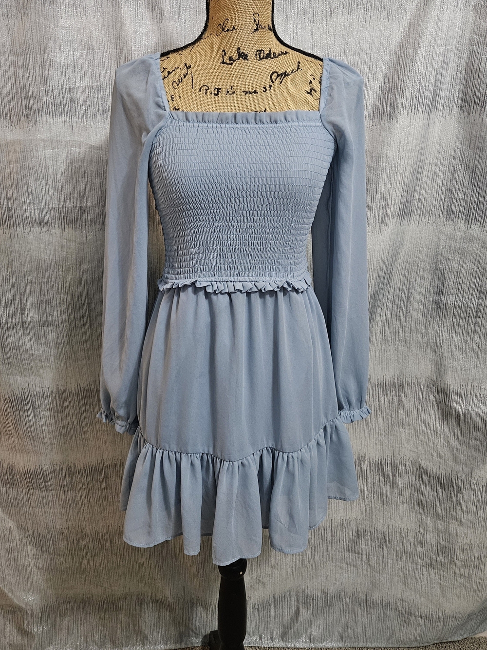 1. State Pale Blue Smocked Square-Neck Long Sleeve Mini Dress